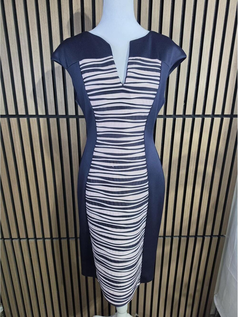Connected Apparel Navy White Striped Knit Sheath Dress 8 V-Neck Cap Sleeve Zip